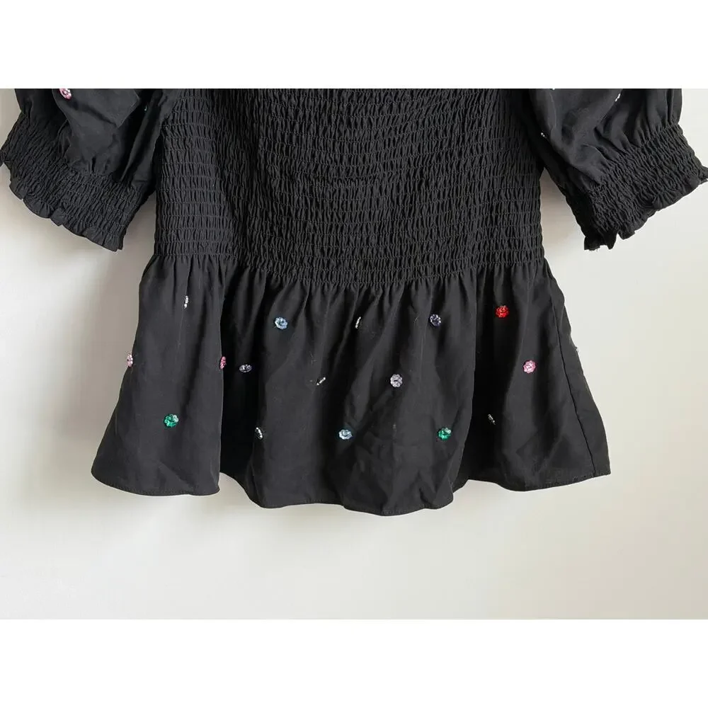 Hill House Home Jewel Jammie Puff Sleeve Smocked Peplum Blouse Top Black Small